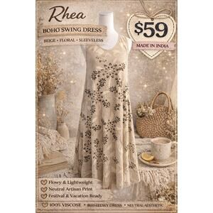Rhea Boho Swing Dress Beige Floral Sleeveless NWT Made India One Size